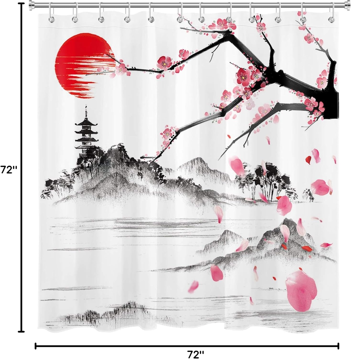 LB Pink Floral Shower Curtain Black White Trees and Mountain Spring Shower Curtains for Bathroom Japanese Red Sun Cherry Blossom Bath Curtain Set with Hooks,72x72 inch Waterproof Fabric