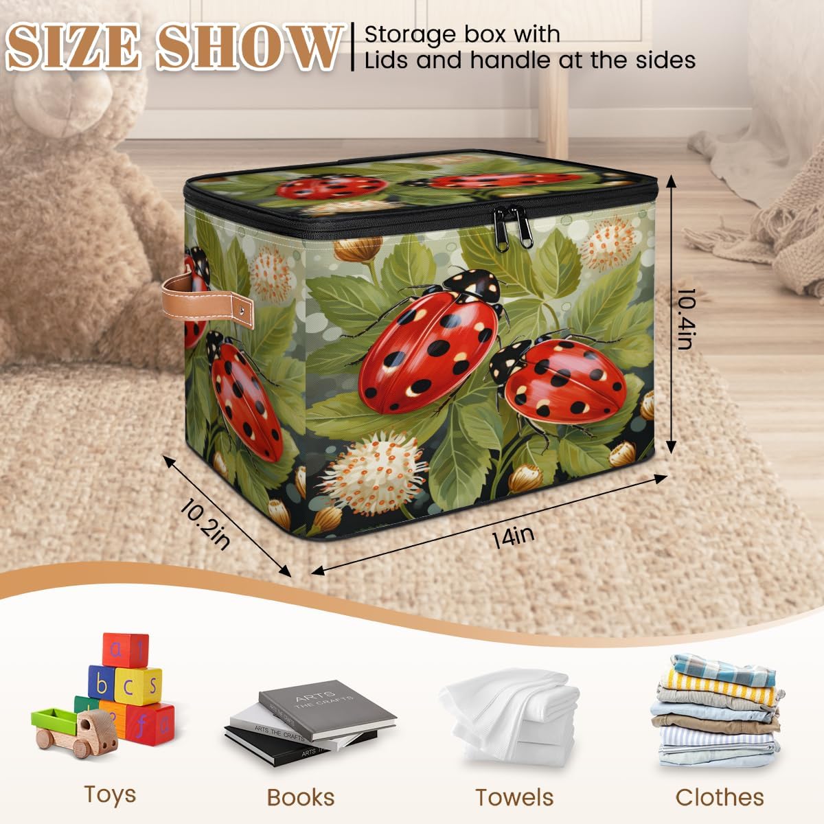 Storage Bin Set of 2 Leaf Ladybugs Storage Basket with Zipper Lid & Handle Foldable Closet Shelf 2 Pack Cloth Organizer Basket Cube Bins Clothes Organizer for Bedroom, Nursery