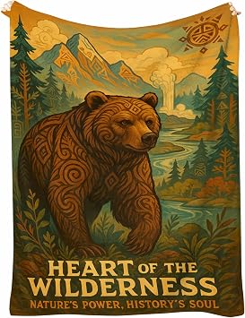 Grizzly Bear Wilderness Throw Blanket 50x60 Plush Flannel Fleece, Vintage Poster-Style Mountain Forest Art, Woodland Cabin Decor for Sofa Couch, Cozy Lodge Gift for Nature Lovers
