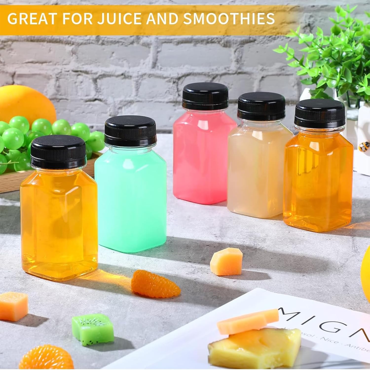 Nuogo 72 Pack 5 oz Plastic Juice Bottles Bulk with Lids Reusable Transparent Clear Drink Containers Caps Mini Bulk Beverage Water Bottle with Funnel and Brush for Juicing Milk Drinking (Black Lid)