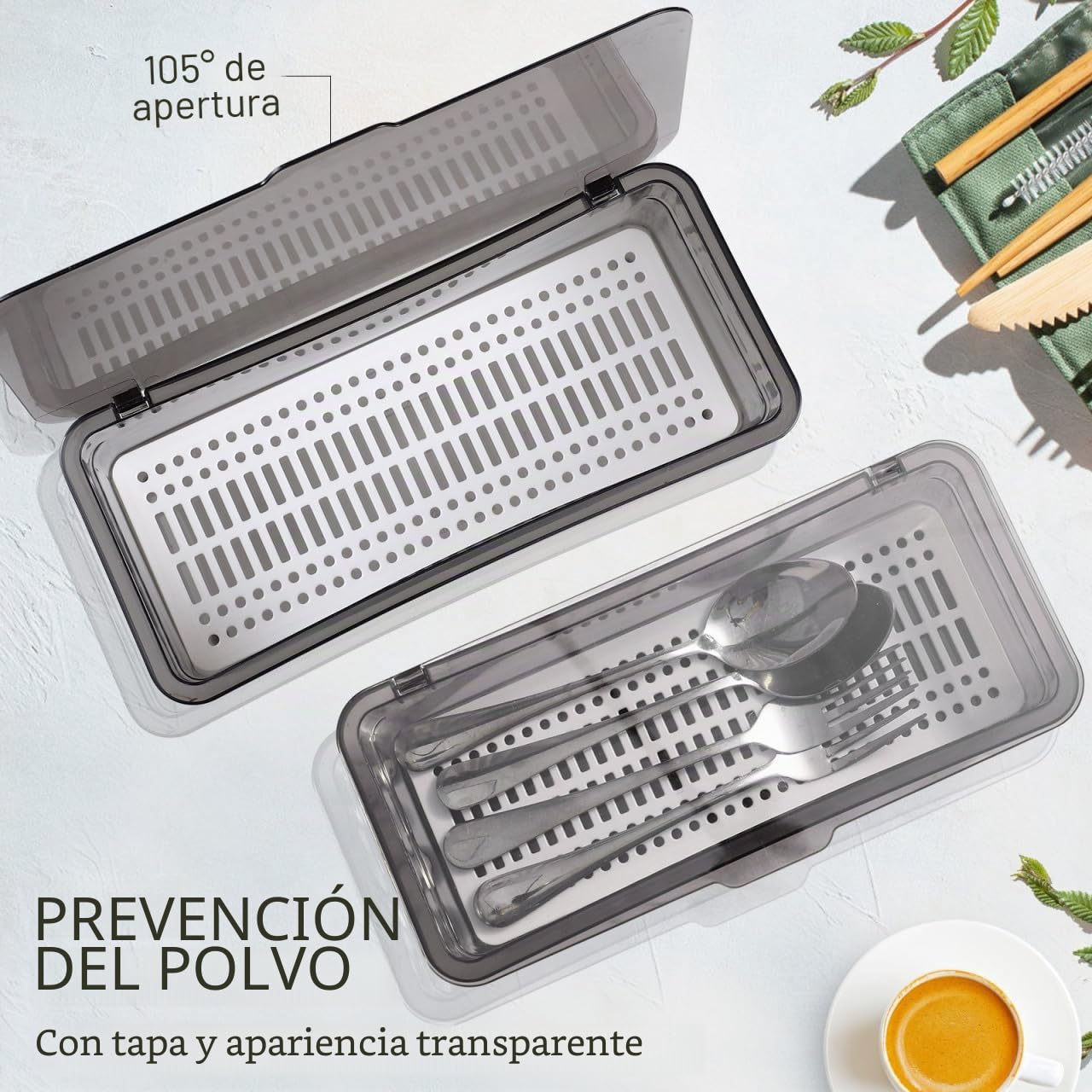 DOITOOL Bandeja para cubiertos de 3 piezas con tapa, de plástico de grado alimenticio, con escurridor, caja de almacenamiento, organizador de cubiertos para utensilios de cocina, cajones y encimera
