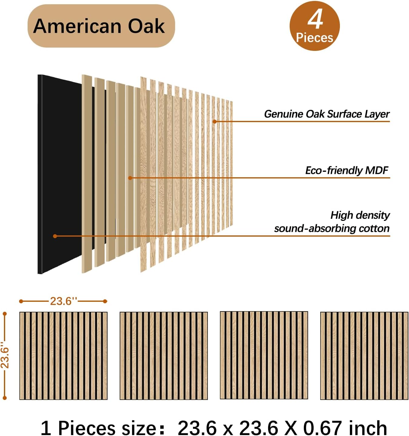 Acoustic Wood Panels for Wall 4-Pack - Natural Oak Veneer Soundproof Panels for Home & Office, 23.6" Wood Wall Panels with Noise Reduction (23.6" W x 23.6" L)