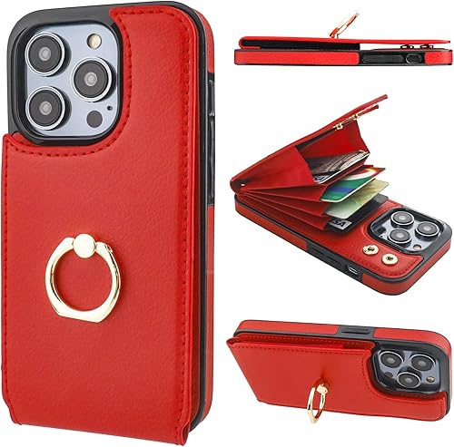 Vista 37 de Folosu Funda Cartera compatible con iPhone 14 Pro Max con soporte para tarjetas, rotación de 360°, soporte de anillo de dedo con función atril