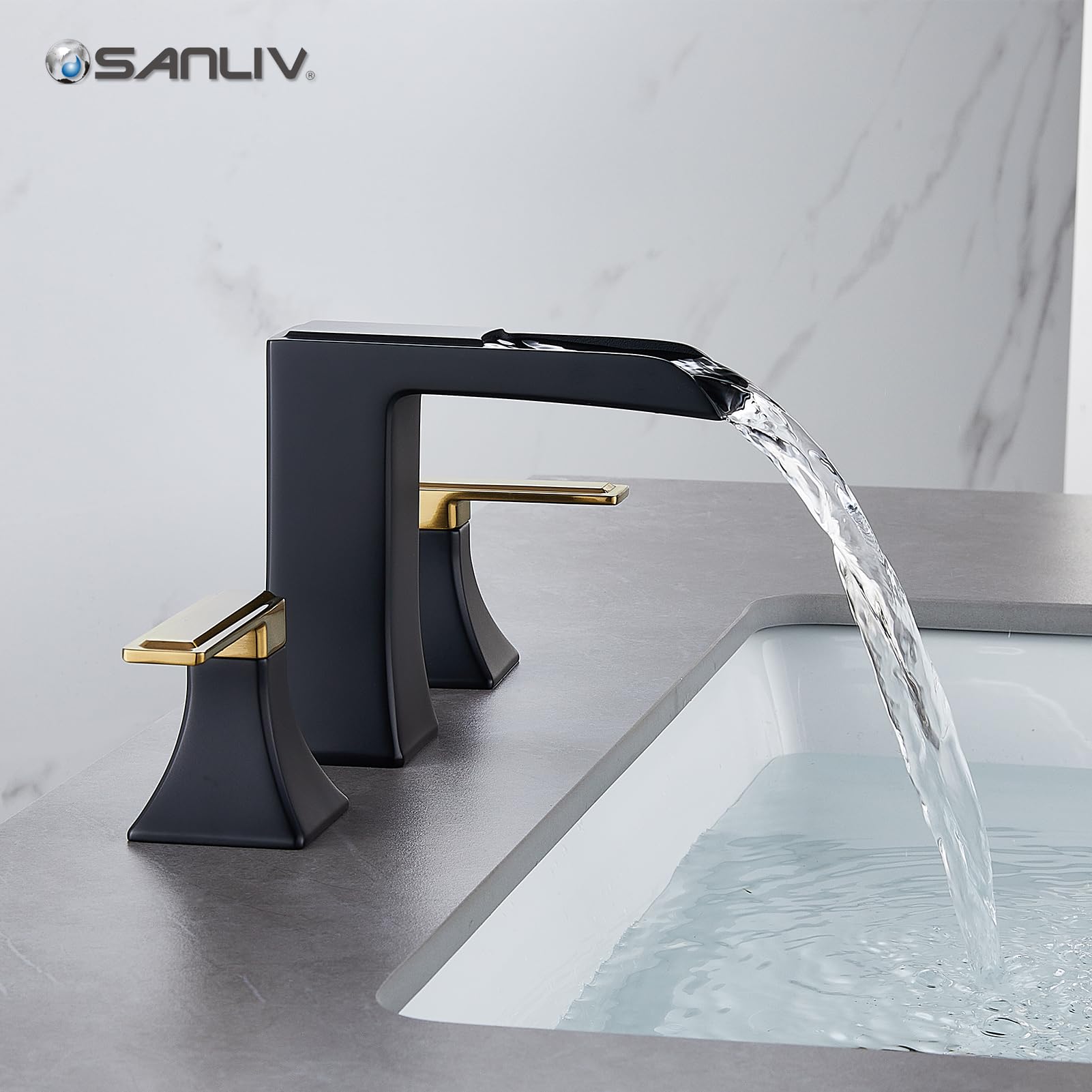 Two-Tone Black and Gold Bathroom Faucet Sanliv 2-Handle Widespread Bathroom Faucet for 3-Hole Sinks 4-8 Inch 3-Piece Waterfall — view 4