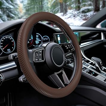 WOCOCN Car Steering Wheel Cover, Thin Anti-Skid Silicone Steering Wheel Cover for Men & Women, Universal Automotive Interior Accessories for Most Cars Brown