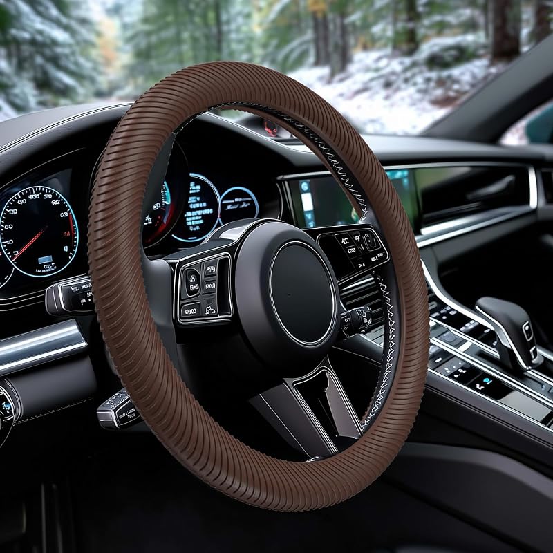 Capa para Volante WOCOCN Fina em Silicone Antiderrapante Marrom para Carros e Caminhões