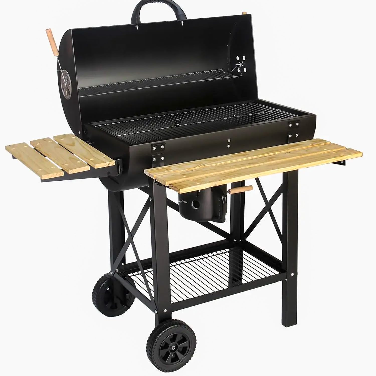 Barbecue A Carbone Con Coperchio E Ripiani Laterali BBQ Grill Da Giardino Con Griglia Rialzata Scaldavivande Struttura In Acciaio Ruote E Cassetto Raccogli Cenere 110 x 70.5 x 101.5 Cm Nero