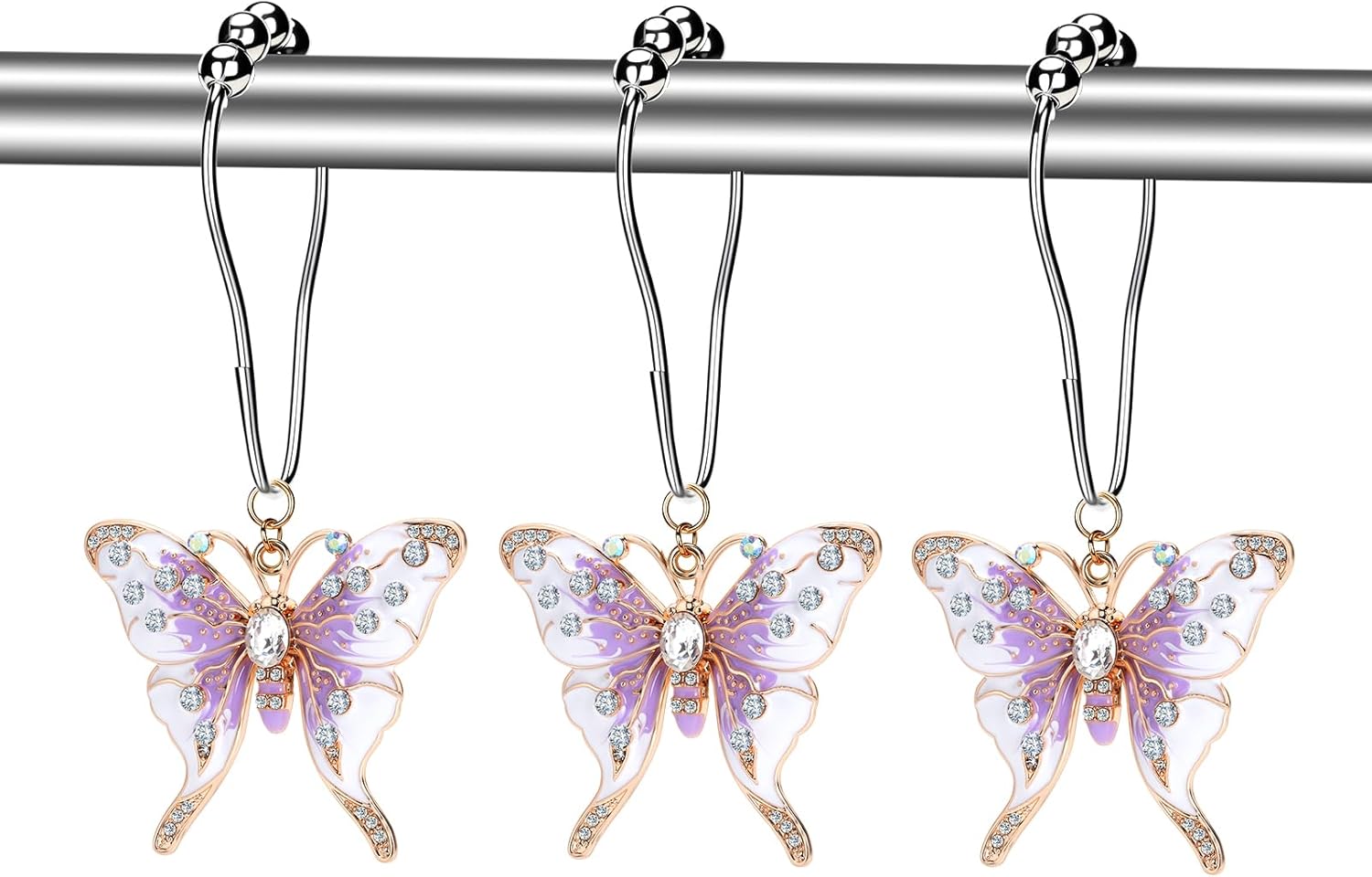 Decorative Purple Butterfly Shower Curtain Hooks Set,12 Pieces,Crystal Rhinestone Enamel Design,Roller Ball,Stainless Steel,Insect Decor,Rustproof Shower Rings,Home & Bathroom Decor,Gift