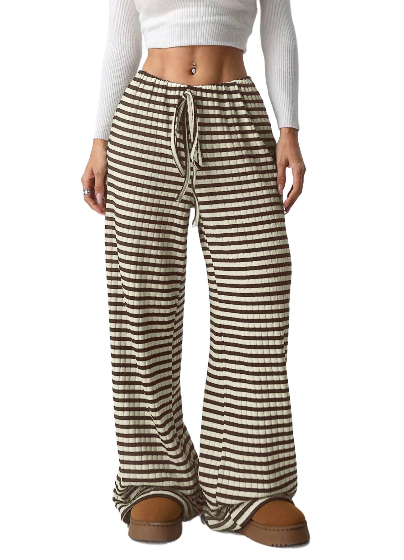 Women's Casual Checkered Pants Drawstring Elastic Waist Comfy Loose Straight Wide Leg Plaid Pants with Pockets
