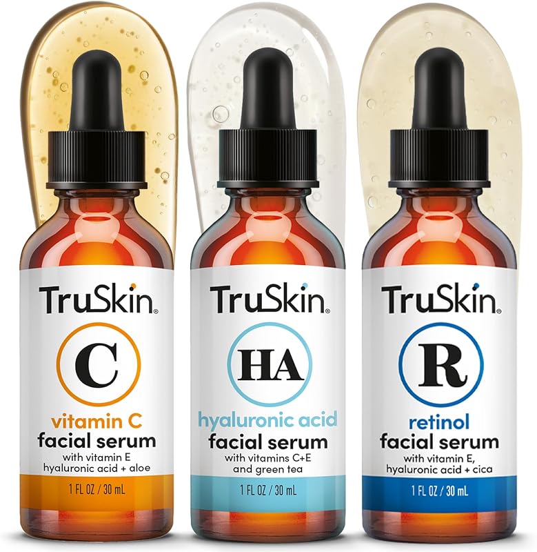 Serum Trio with Vitamin C, Retinol & Hyaluronic Acid, 1 fl oz Each | Complete anti aging AM, PM & all-day skincare routine with coordinated serums to brighten, smooth & hydrate skin
