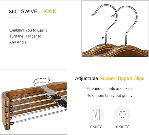 Miniatura 3 de TOPIA HANGER Perchas de madera para pantalones, perchas delgadas de madera natural para faldas con gancho antioxidante y clips de metal ajustables,
