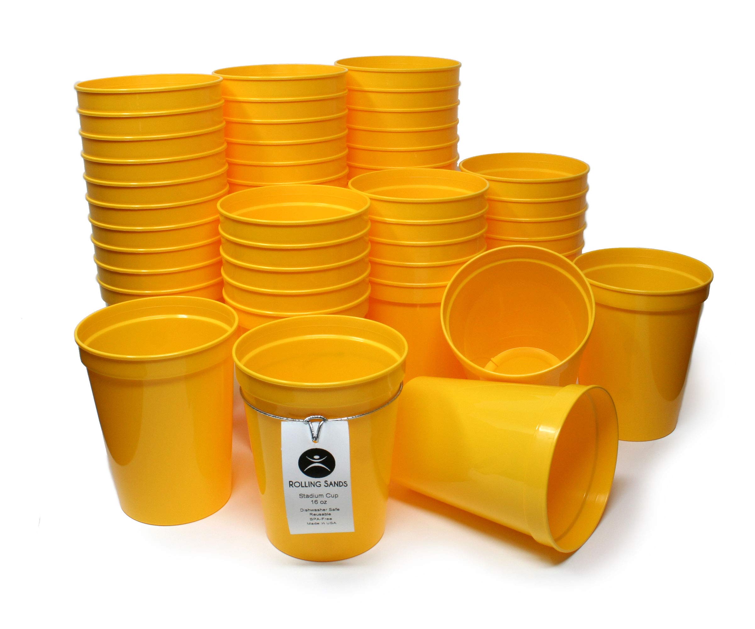 Rolling Sands Wiederverwendbare Stadionbecher aus Kunststoff, 473 ml, Gelb (50 Stück, hergestellt in den USA, BPA-frei), spülmaschinenfest, Kunststoffbecher und Flaschenöffner