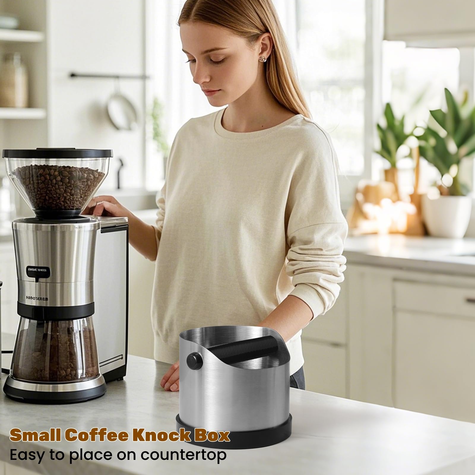 Abklopfbehälter für Siebträger, 700ml Klein Edelstahl Espresso Kaffee Knock Box, Abklopfschale Knock Box mit Abnehmbarer Knock Bar und Kaffeepinsel, Kaffeesatz Klopfbox mit Rutschfester Basis