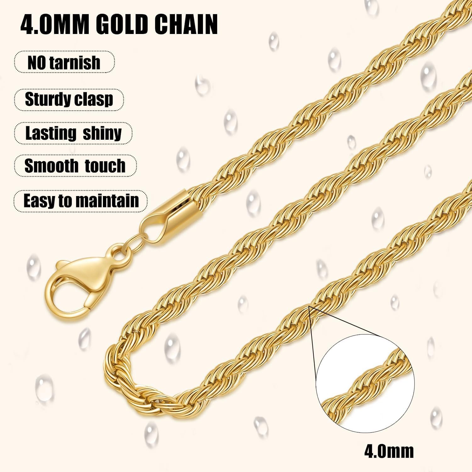 Fiusem 18K Gold Plated Rope Chain for Men, 18K Gold Plated/Black Chain Necklace, Stainless Steel Necklace for Men and Women, Valentine's Day Jewelry Gifts - Image 4