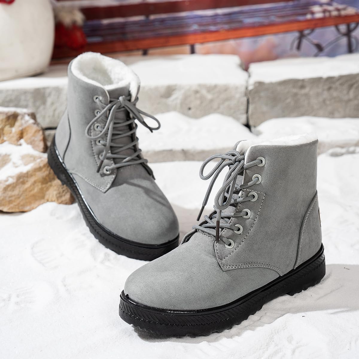 Winter Snow Boots for Women: Warm Fur Lined Ankle Boots Comfortable Suede Lace Up Booties Cute Flat Shoes