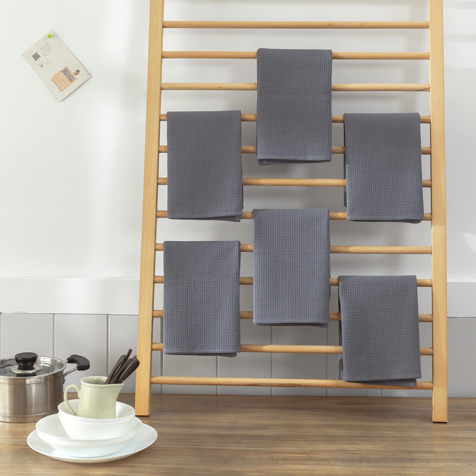 QUILTINA Geschirrtücher-Set, 100 % Baumwolle, Waffelgewebe, Küchentücher, 6 Stück, 43,2 x 63,3 cm, super saugfähig zum Trocknen und Reinigen, Dunkelgrau