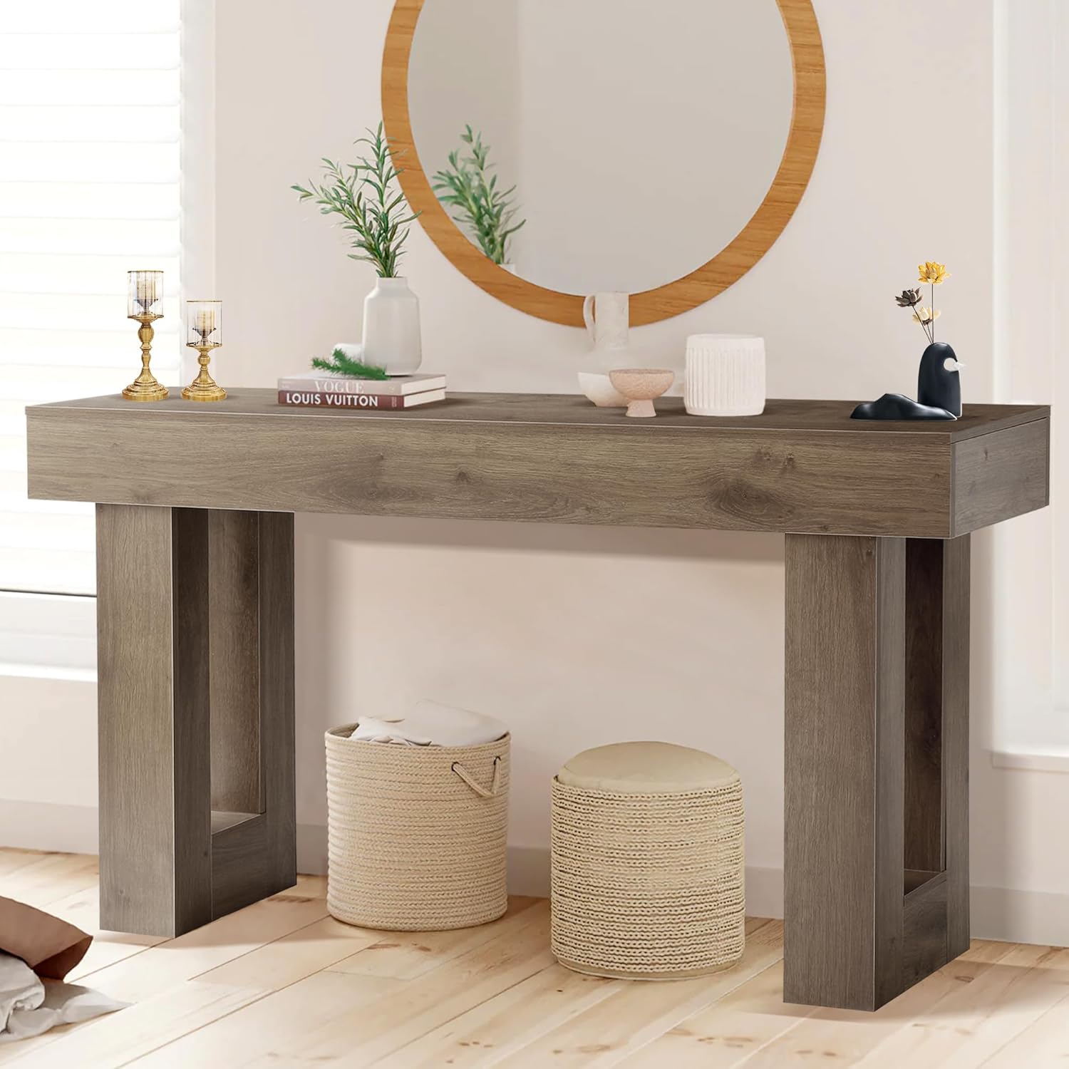UTOASIS 63" Farmhouse Long Console Table, Rectangular Entryway Console Tables for Living Room, Sofa Table Behind Couch with Storage, Wooden Hallway Stand Table for Entryway and Foyer (Rustic Gray)