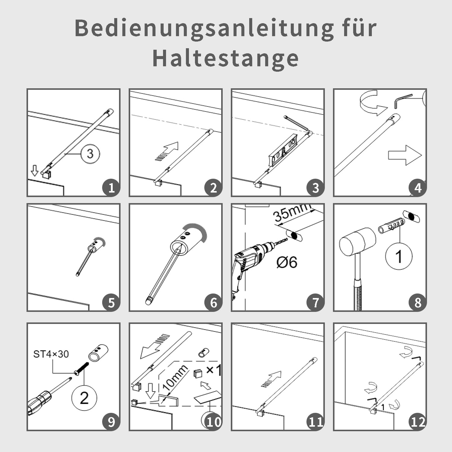 Barre de stabilisation télescopique réglable 73 à 123 cm, utilisée pour paroi de douche en verre, barre de stabilisation accessible épaisseur de verre 8 mm à 10 mm, barre de support carrée noire