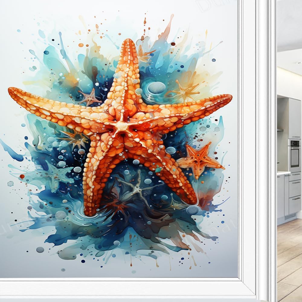 Fun Starfish Window Privacy Film Blue Painting Modern Animal Stained Glass Window Film Decorative Frosted Windows Sticker for Home Window&Glass Door, Sun Blocking 23.6Wx35.4L inch