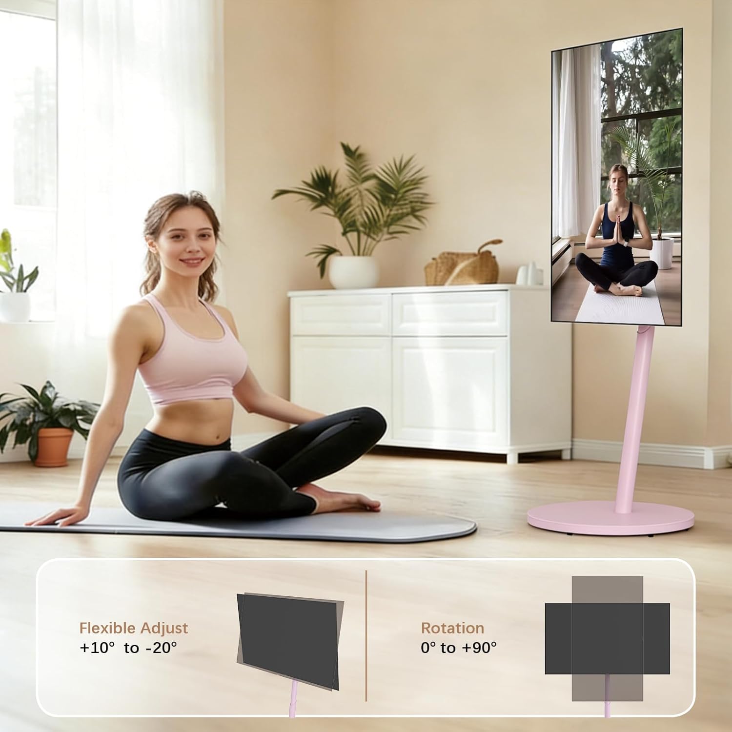 Pink Rolling TV Stand for 32 to 43 55 65 75 Inch TVs, Portable Mobile TV Cart on Wheels, Corner TV Floor Stand with Rotating, Height Adjustable, Small TV Stand for Bedroom, Living Room