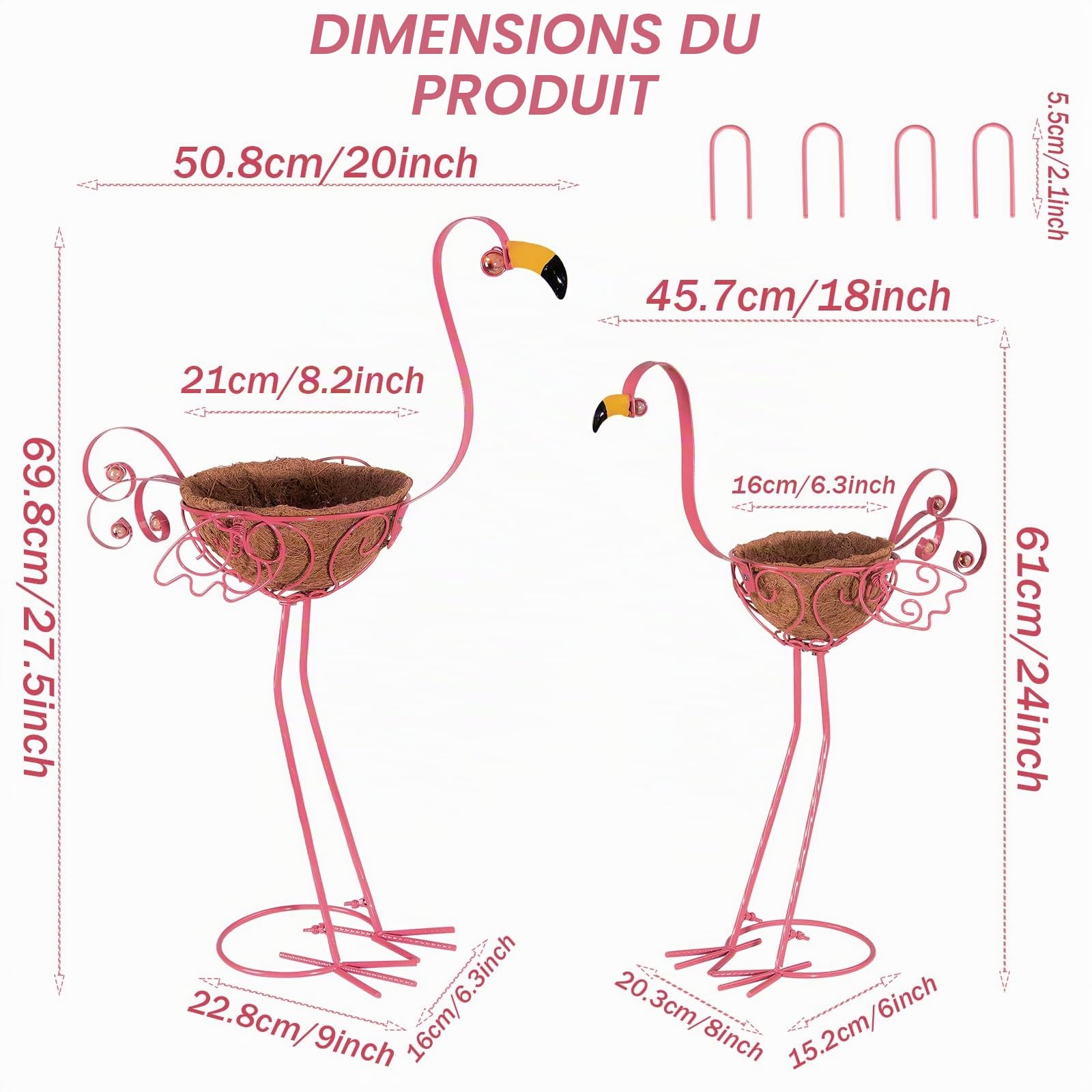 Pots à fleurs en métal en forme de flamant rose, lot de 2 pots de plantes avec panier pour jardinage intérieur/extérieur, décoration de jardin, cour, terrasse, véranda