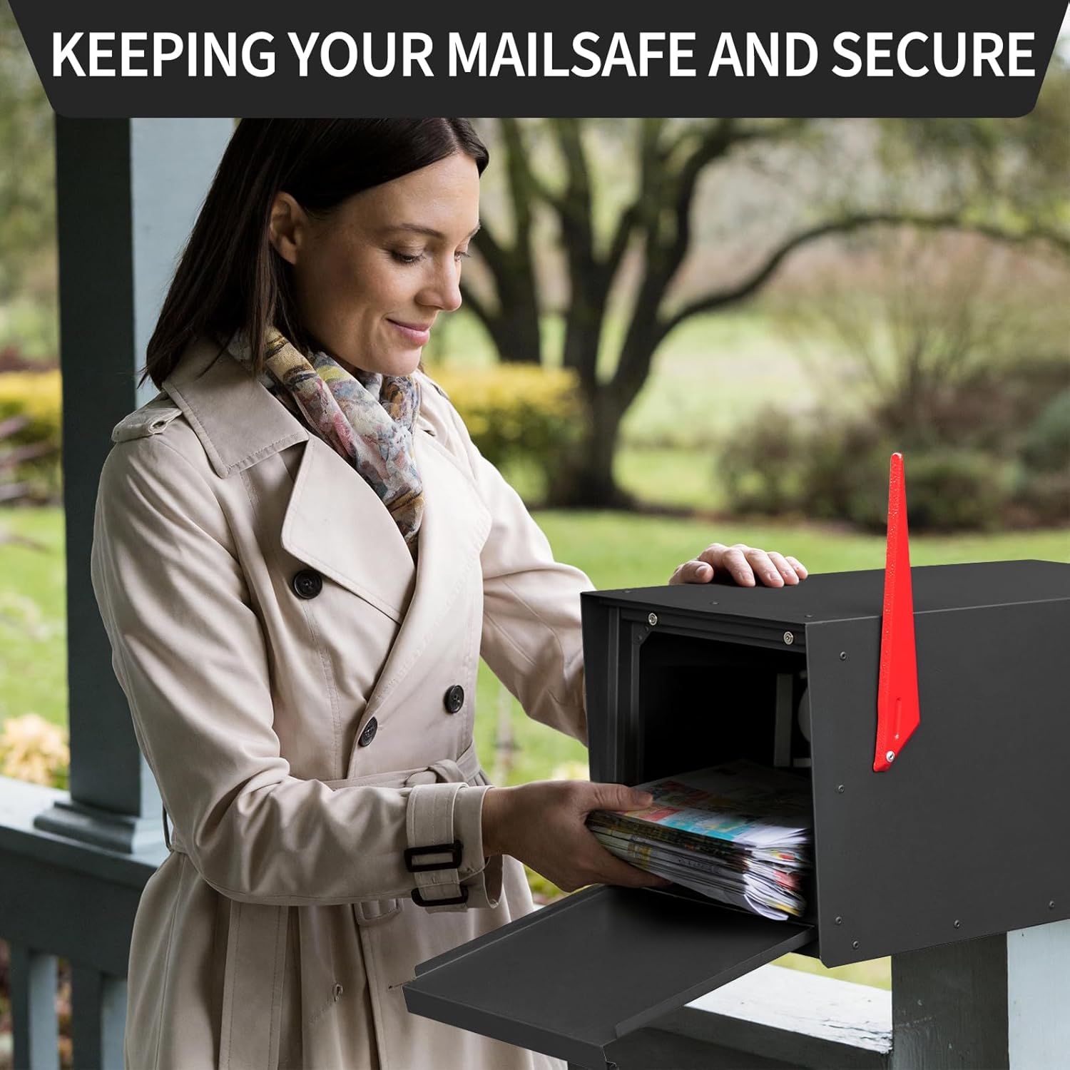 Modern Post-Mounted Mailbox, Heavy Duty Mailbox with Flag, Weatherproof Mailboxes for Outside Galvanized Steel and Rust-Proof Metal Post Box, 20” x 10” x 10” Large Black Heavy Gauge Mailbox