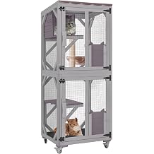 Catio Outdoor Cat Enclosure with Wheels, 62.8" Mobile Cat House with Waterproof Cover, Hammock, Scratching Post, Resting Box and Multiple Platforms, Large Kitty Cage for Cats, Wooden Cat Patio Grey