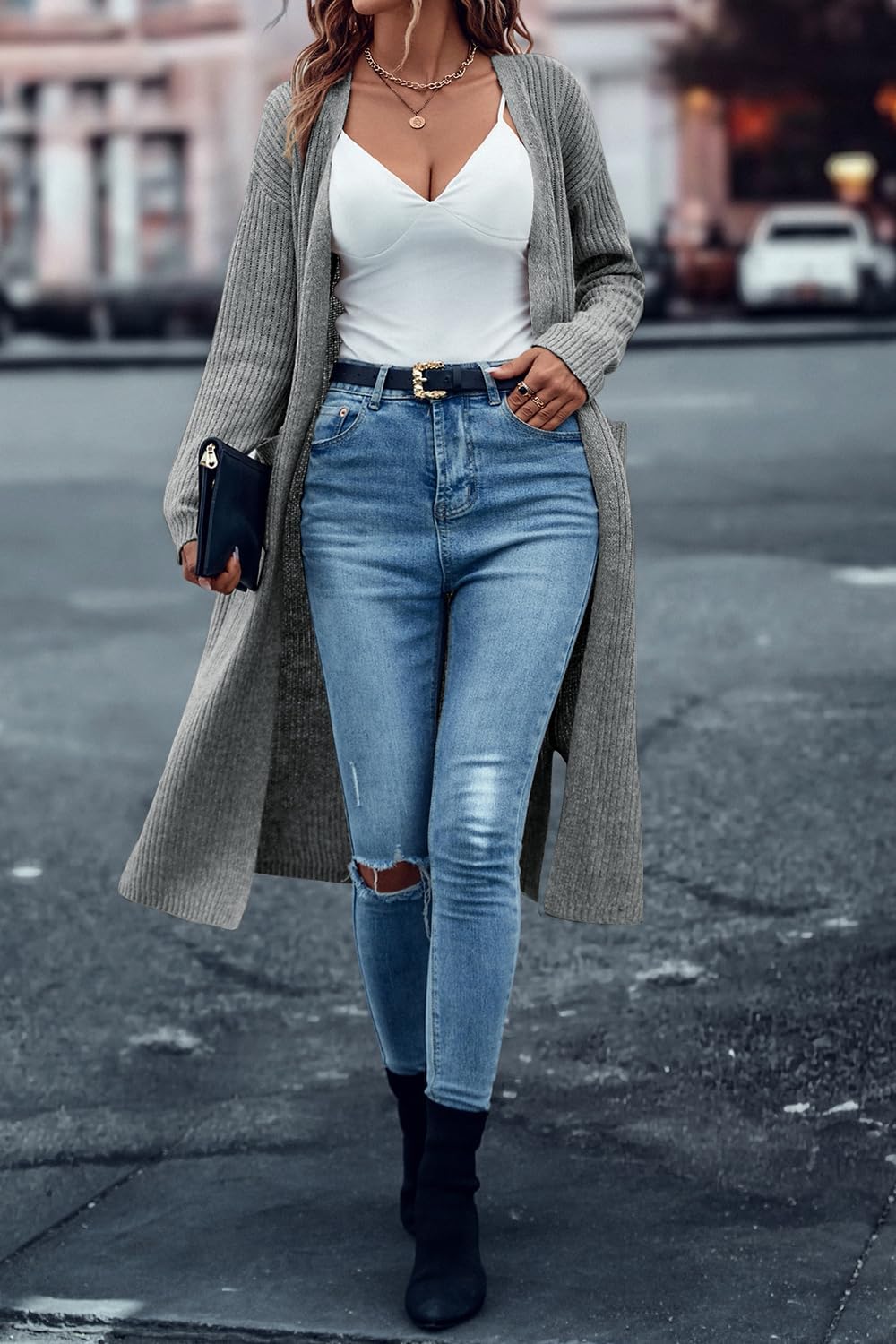 Danedvi Long Cardigan Sweaters for Women Ribbed Knit Open Front Long Sleeve Oversized Fall Casual Coat with Pockets - Image 2