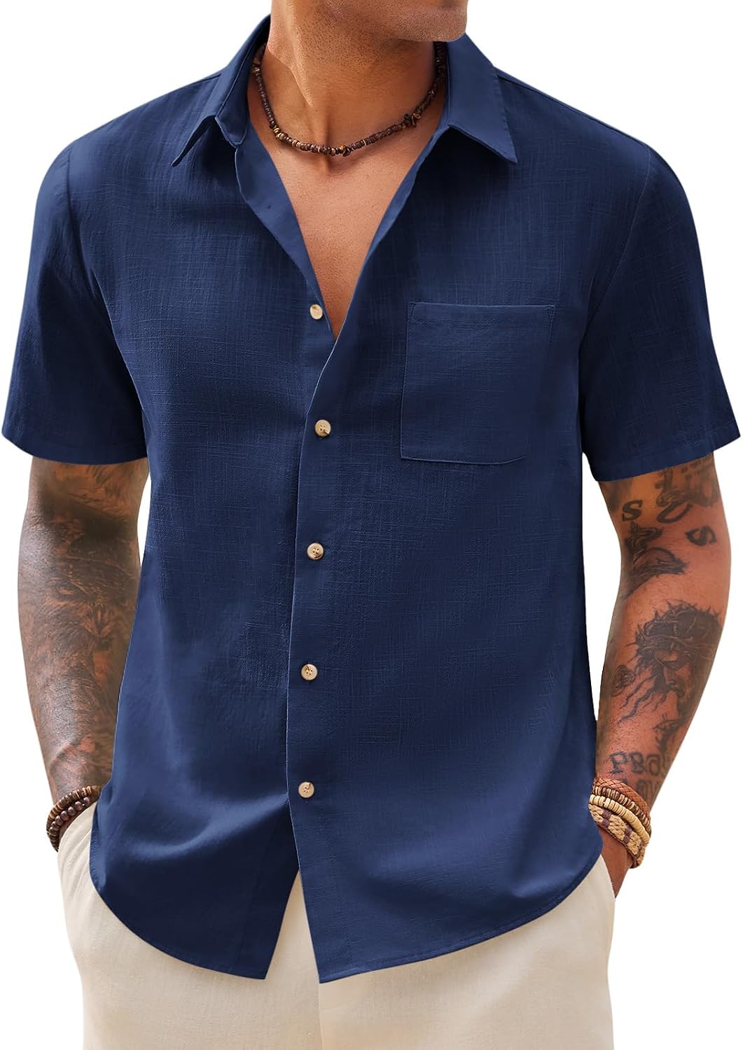 Yousify Men's Button Down Shirts Short Sleeve Casual Cotton Textured Shirt Summer Beach Vacation Tops with Pocket