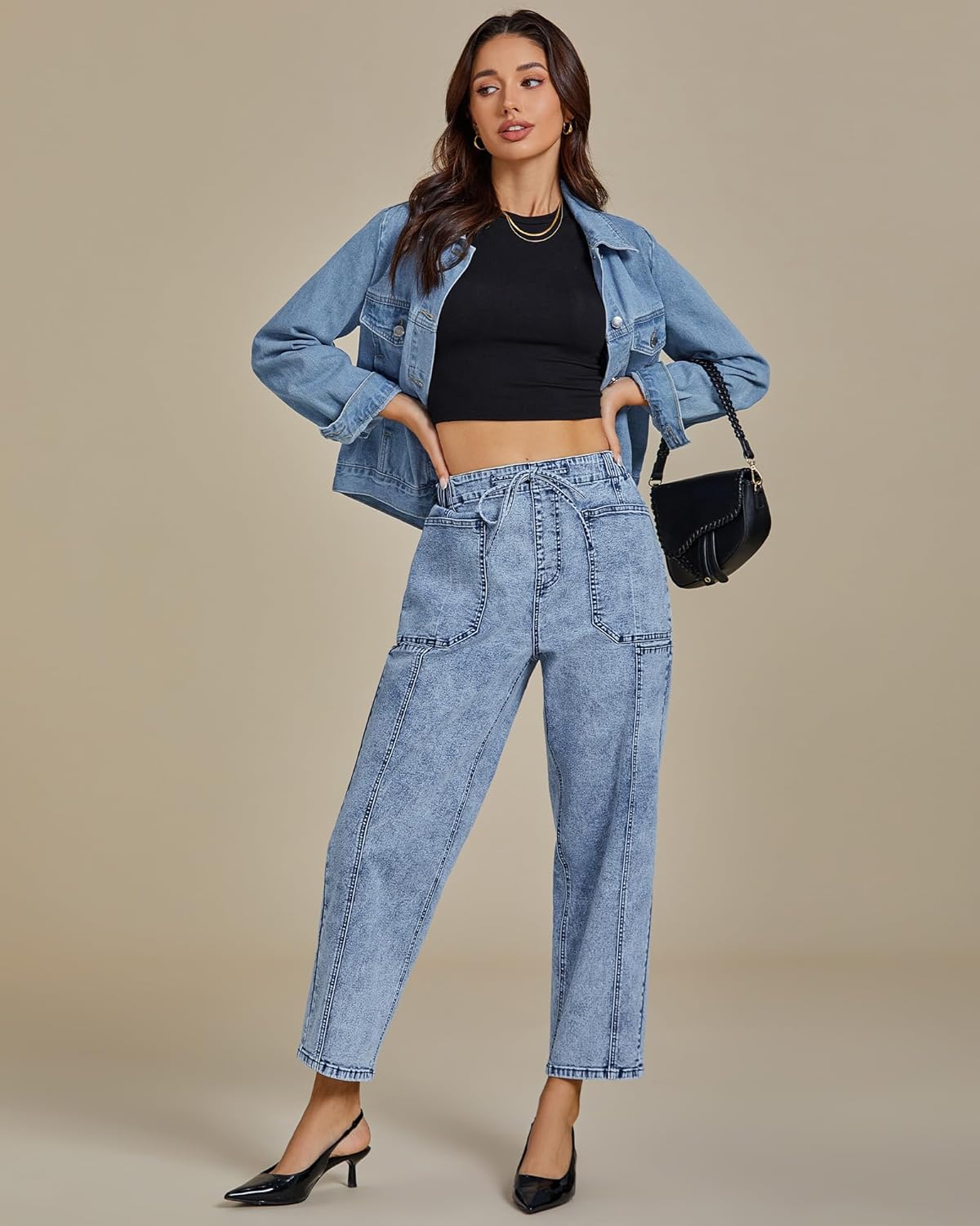 luvamia Barrel Jeans Women Trendy High Waisted Pull On Drawstring Elastic Waist Stretchy Denim Baggy Pants with Pocket - Image 6