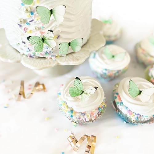 Miniatura 2 de Sugar Robot - Mariposas comestibles para decoración de pasteles, pequeños adornos de mariposa verde pastel y adornos para cupcakes, decoración hecha