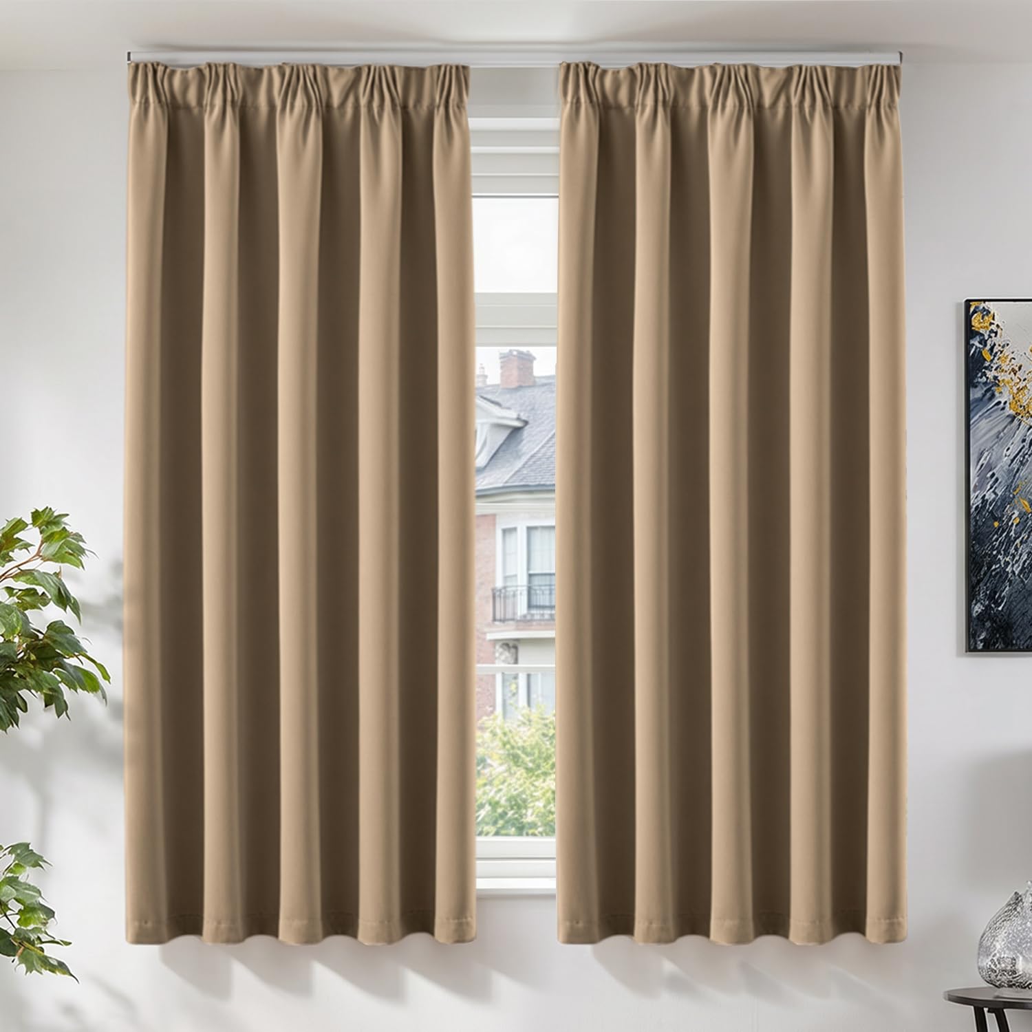 TOPICK Taupe Blackout Curtains for Bedroom W55 x L69 Inch, Super Soft Blackout Thermal Curtains & Drapes for Living Room, Pencil Pleat Soundproof Room Darkenging Window Treatment — image 1