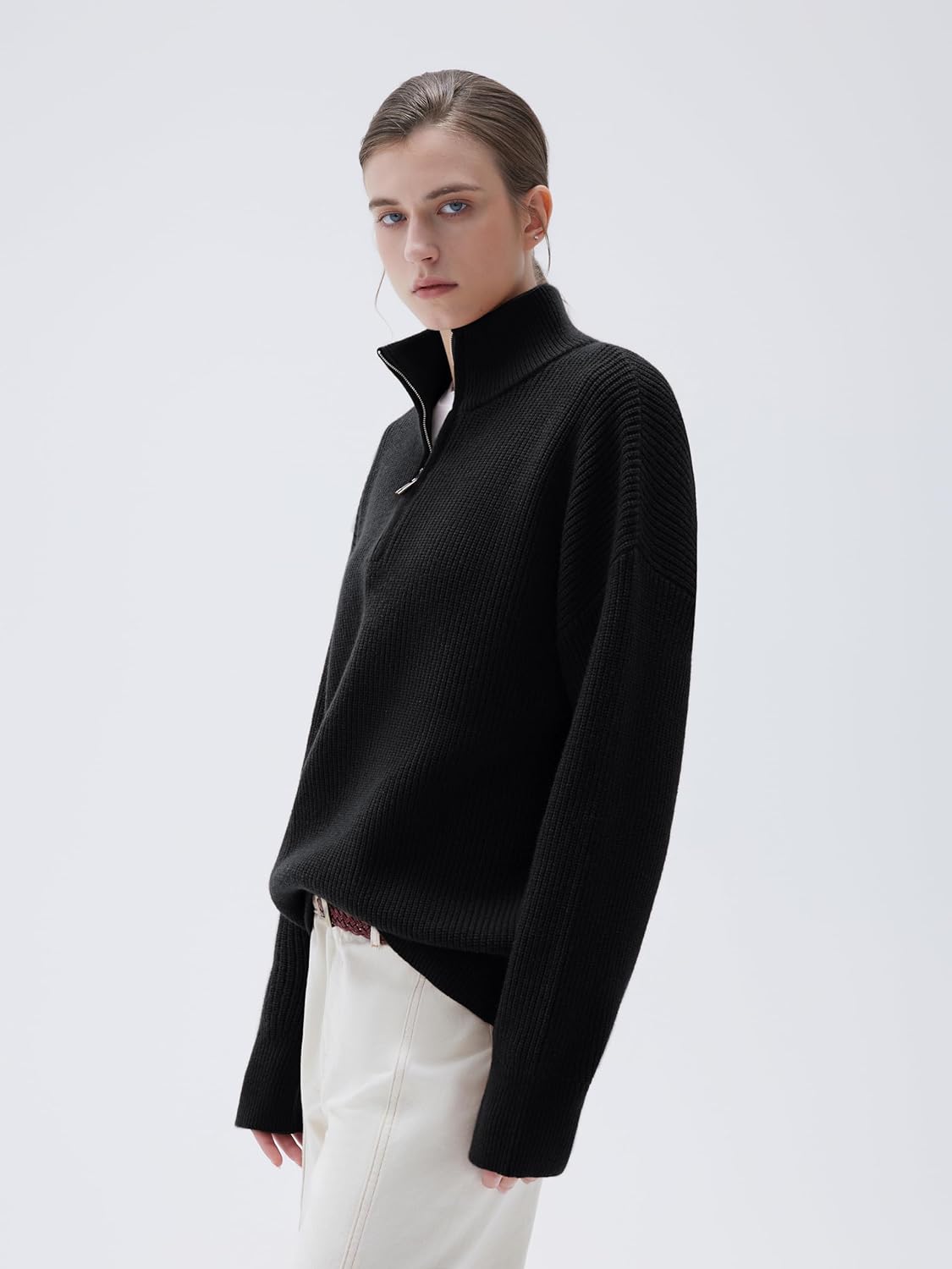 SUUKSESS Women Cashmere Blend Oversized Quarter Zip Pullover Sweater Long Sleeve Collared Ribbed Knit Jumper Tops - Image 4