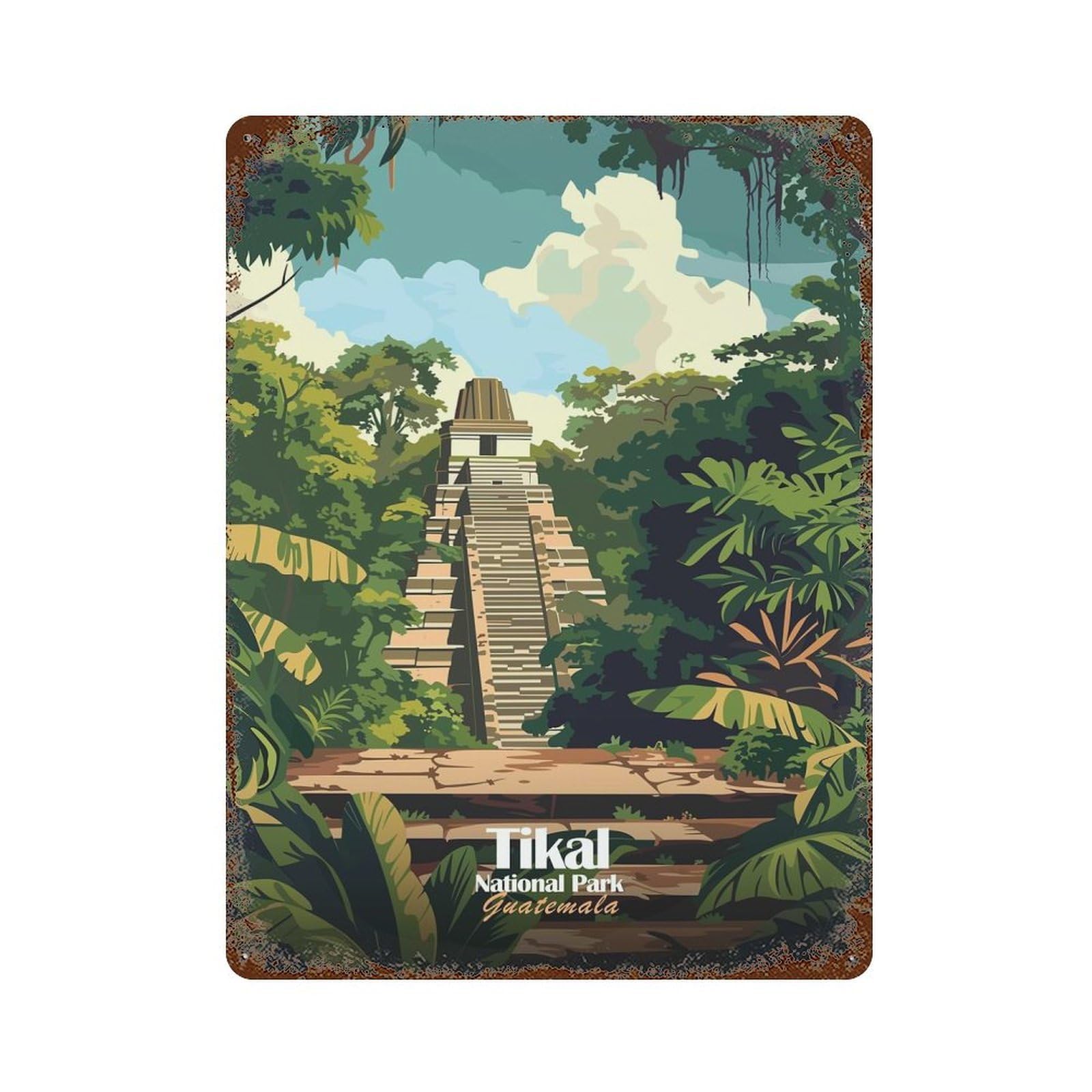 Tikal National Park Guatemala Illustration Retro Metal Sign 15.7"x11.8", Ideal for Shed, Workshop And Garage Wall Decor