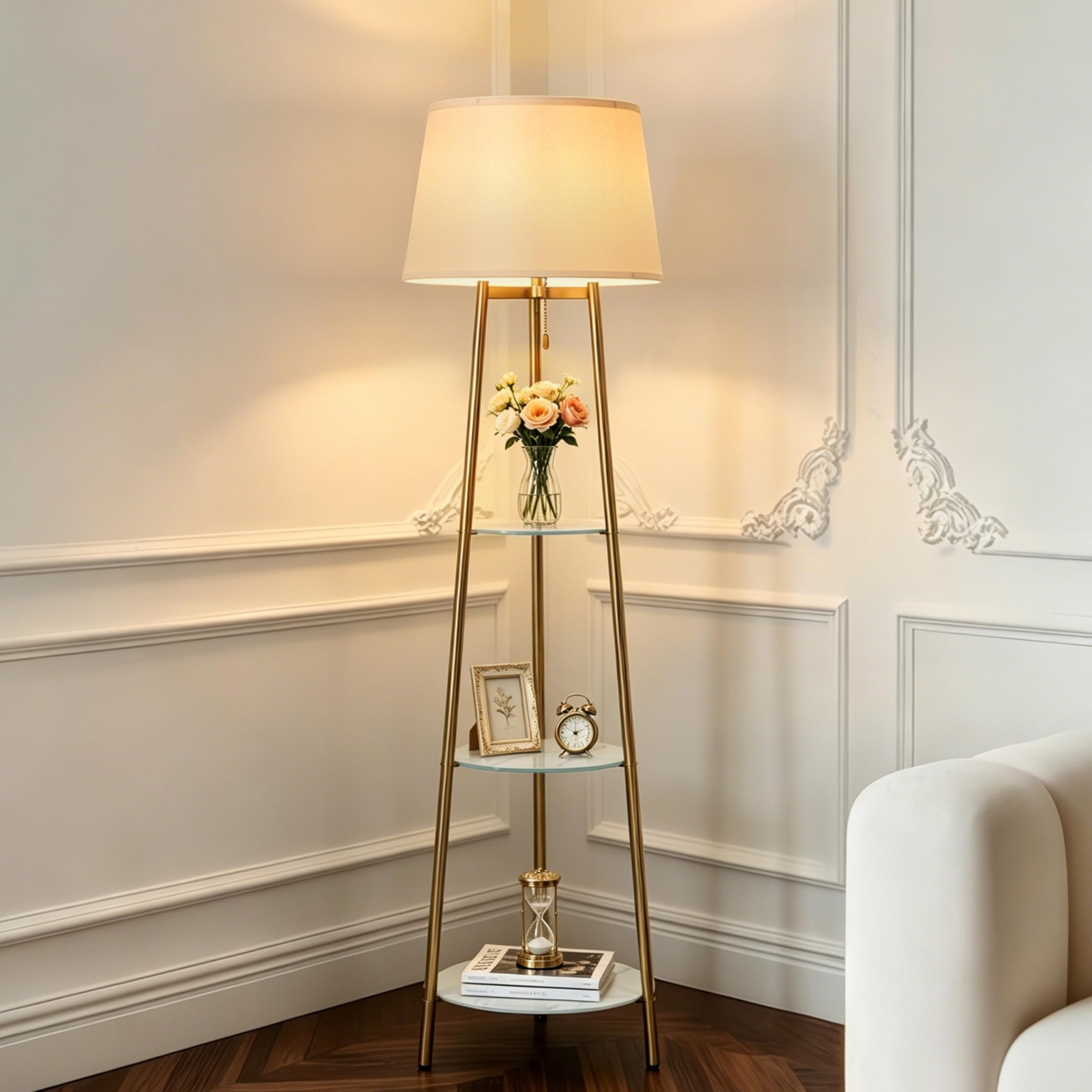 Lampadaire Trépied Métal avec 3 Étagères Verre Trempé LED 35x147cm | 3 Températures de Couleur 2700K/4500K/6500K, Abat-Jour en Lin, Pour Salon, Chambre, Bureau, Ampoule Incluse