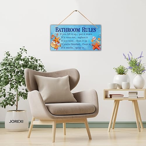 Miniatura 2 de Decoración de baño de playa, letrero colgante de pared con reglas de baño, placa de madera con conchas y estrellas de mar, arte de pared para