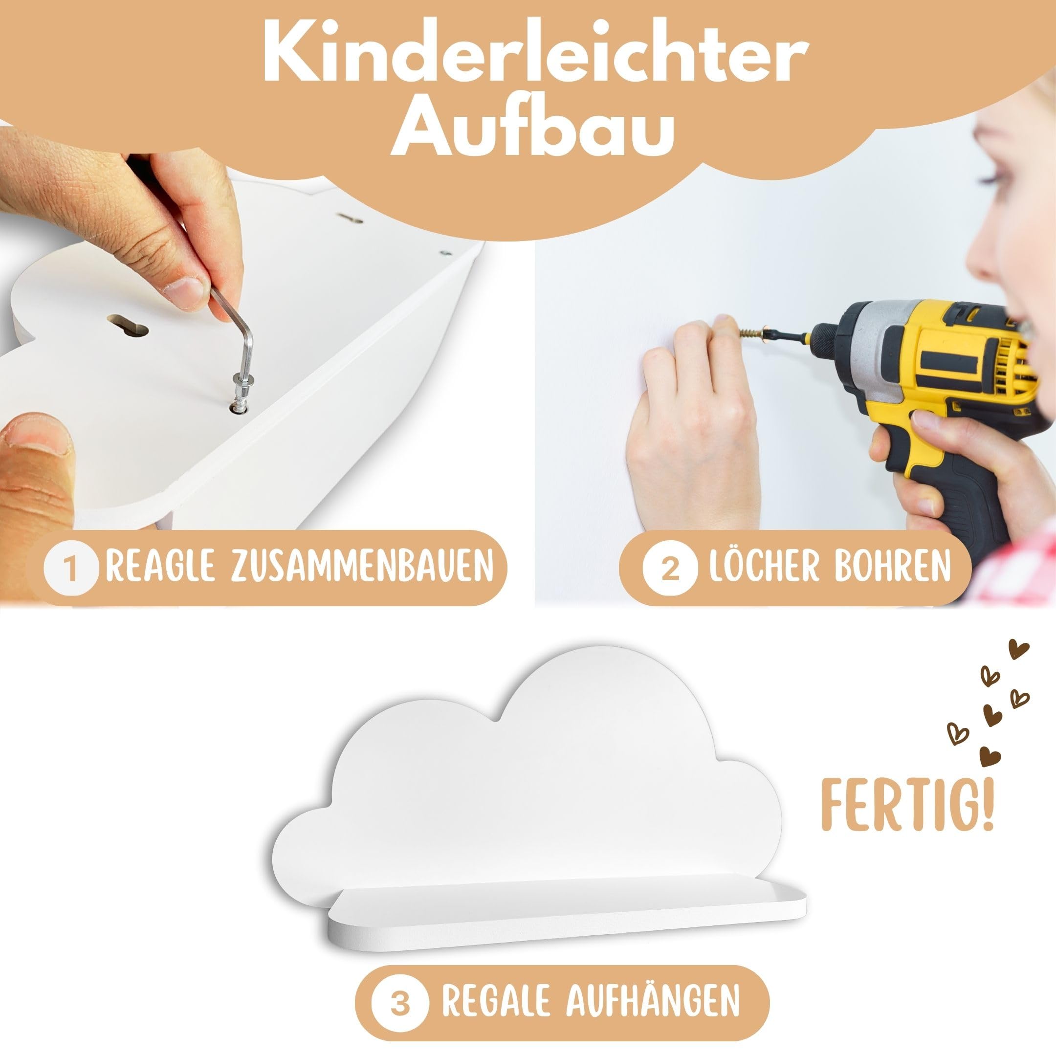 Wolkenregal 3er Set Holz – weiß, pflegeleicht & stilvoll | einfache Montage, nachhaltig & langlebig | Zeitloses Design, Designed in Deutschland | Babyzimmer Deko | Ideales Geschenkset