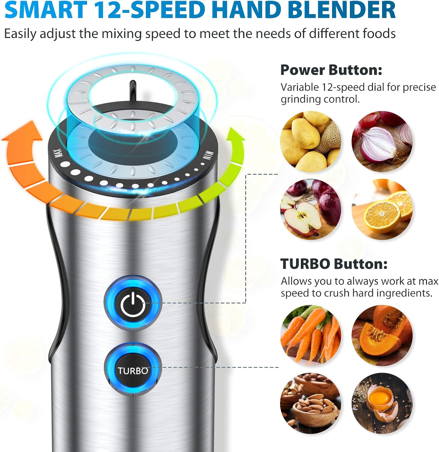 Immersion Blender, Elechomes 800W Hand Blender Electric, 12-Speed Immersion Hand Blender with 1.2L Large Food Processor, Mixing Beaker and Whisk