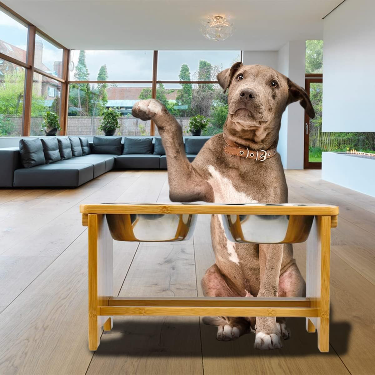 VaygWay Elevated Dog Bowls – Diner Adjustable Raised Pet Bowl for Cat and Dog – Bamboo Stand with Stainless Steel Bowls – Raised Dog Bowl and Water Stand – Anti Slip No Slip for Pets Dogs and Cats