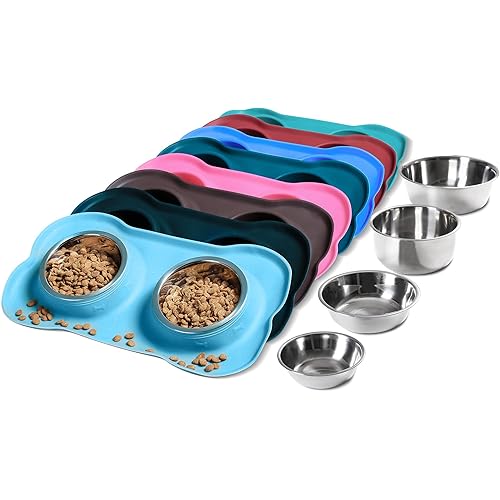 Hubulk Pet Dog Bowls 2 Stainless Steel Dog Bowl with No Spill Non-Skid Silicone Mat + Pet Food Scoop Water and Food Feeder Bowls for Feeding Small Medium Large Dogs Cats Puppies (Medium, Turquoise)