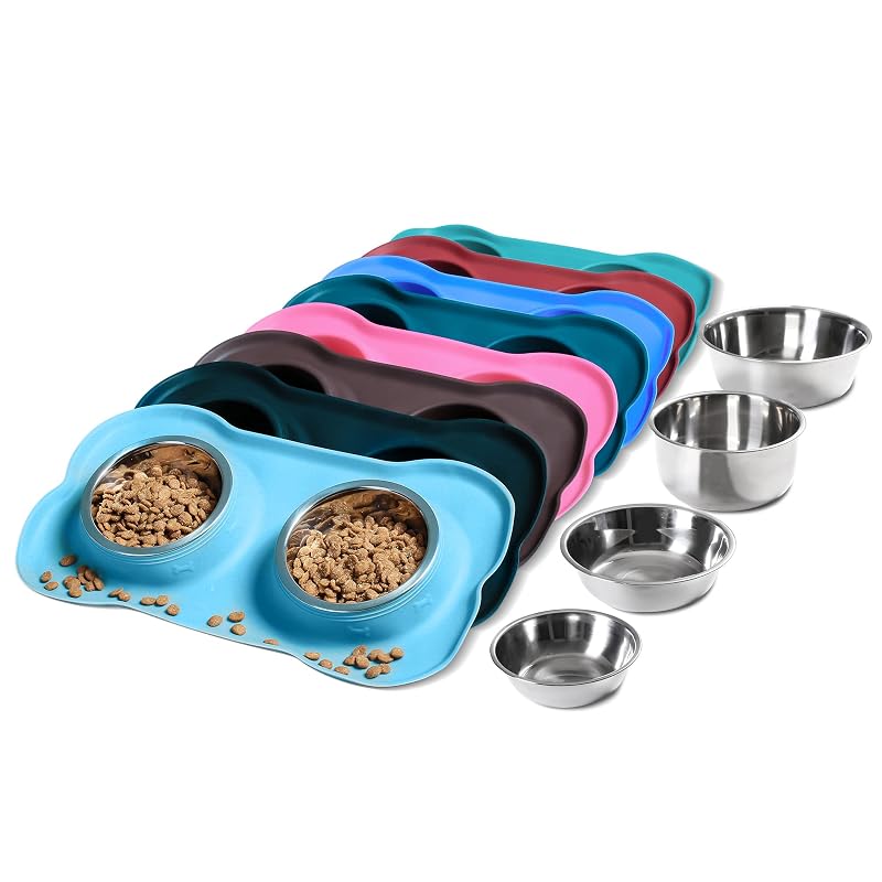 Tigelas para Cães e Gatos Hubulk em Aço Inoxidável com Tapete de Silicone Antiderrapante e Colher, Tamanho Pequeno, Turquoise
