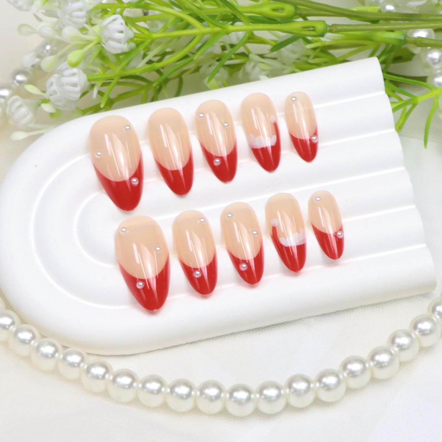 christmas press on nails medium almond fake nails with pearl designs french tip nails press ons glossy xmas red nude glue on nail winter artificial stick on nail for women 24 pcs red french tip nude