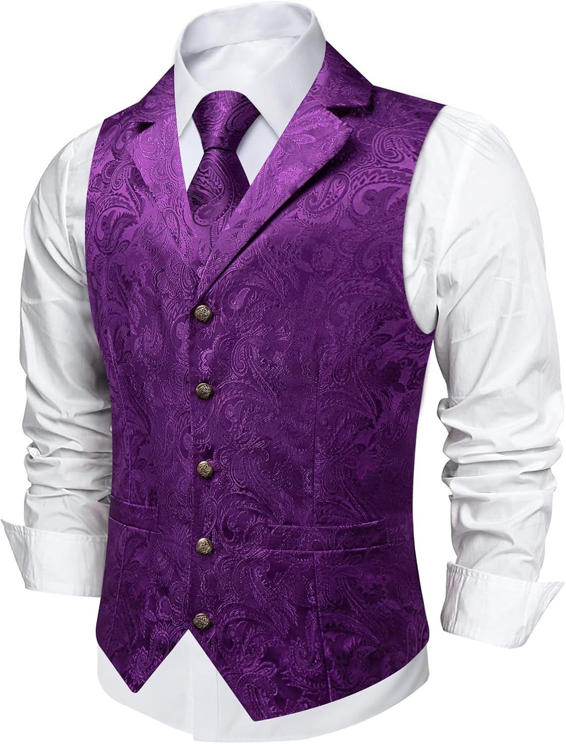DiBanGu Men's Silk Paisley Suit Vest and Tie Set Notch Lapel Dress Waistcoat for Tuxedo Wedding Party, Dark Purple, L - Image 2