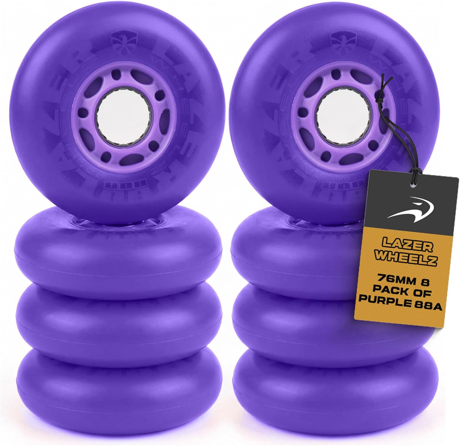 Flying Eagle LazerWheelz - Light Up Inline Skate Wheels Indoor or Outdoor Use, 76mm 8 Pack of Purple 88A Hardness LED Lights for Roller Skate Wheels Replacement, Adult Inline Accessories