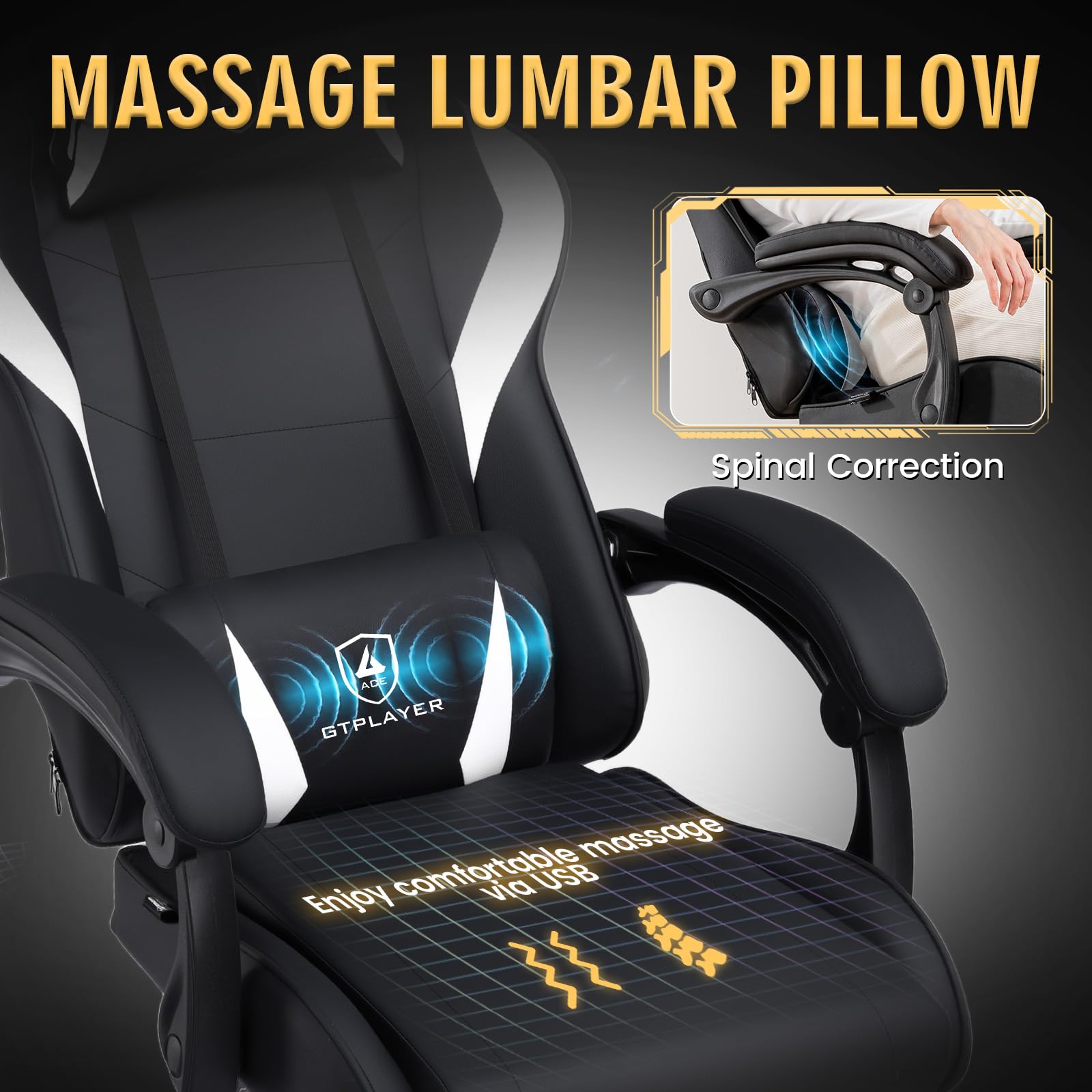 GTPLAYER, Silla de gaming, silla de oficina con soporte lumbar de masaje, reposacabezas ajustable, reposapiés ergonómico, reposabrazos de conexión y reposapiés, 150 kg, color negro
