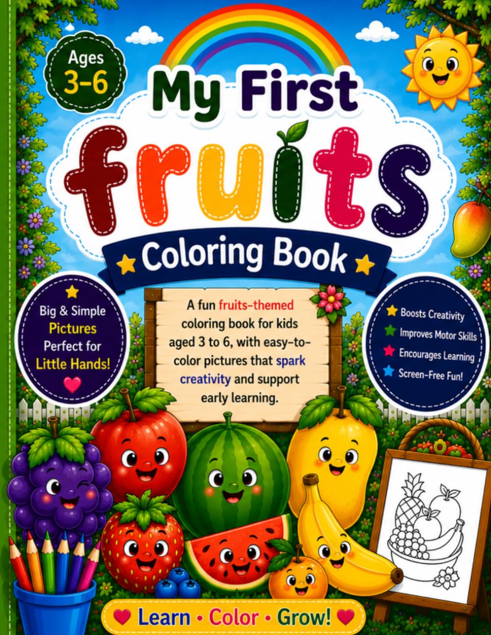Fruit Coloring Book for Kids Ages 3-6: Fun and Easy Fruit Coloring Pages for Preschoolers, Toddlers, and Kindergarten Kids | Learn Fruits While Coloring