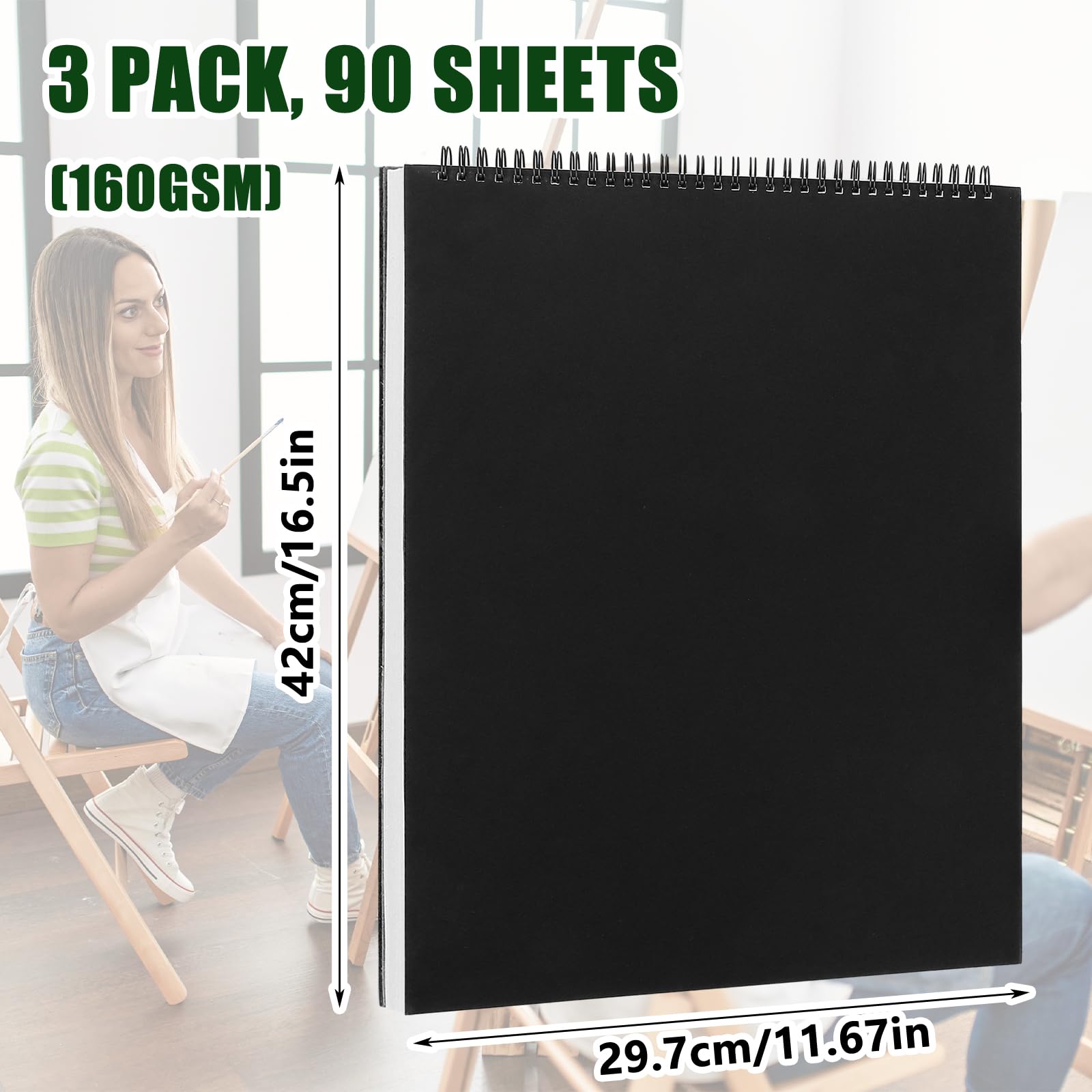 YOUNTHYE Cuaderno de bocetos A3, paquete de 3 blocs de bocetos encuadernados en espiral, bloc de dibujo A3, cuaderno de bocetos de tapa dura de 160 g/m², 30 hojas (60 páginas) para artistas y