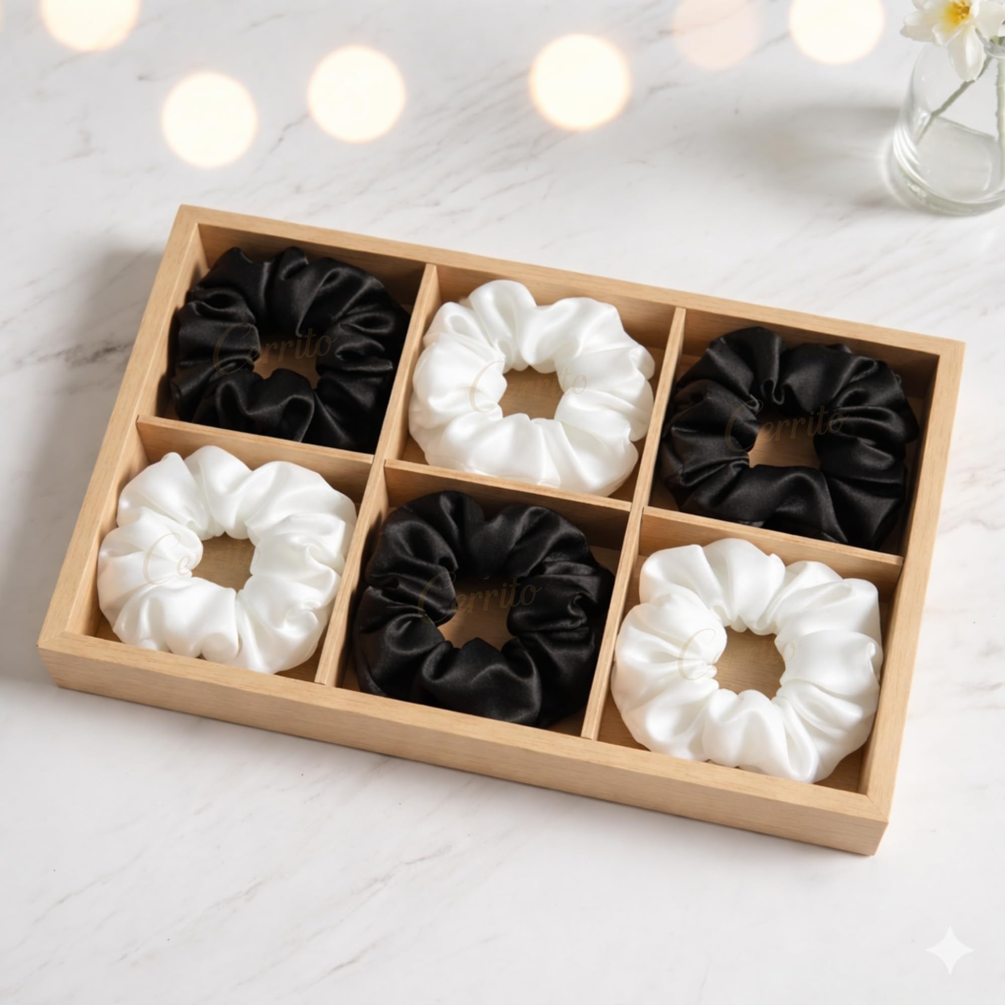 Cerrito Satin Hair Scrunchies for Women & Girls – Soft, No-Crease, Gentle Hair Ties for Thick, Curly, Straight, or Fine Hair – Smooth Silk-Feel Elastic Scrunchy Set for Styling, Sleep Regular Wear (Black & White-6 Pcs)-image-18