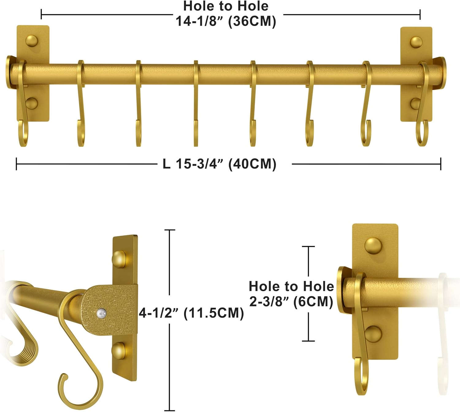 Dseap Kitchen Utensil Holder Hanger, Pot and Pan Rack Wall Mounted, Kitchen Rail with 8 Hooks for Hanging Cooking Utensils, Mugs, Spoons, Wall Mounted, Gold, Pack of 2