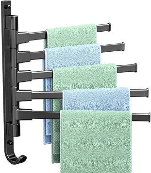 Swivel Towel Rack, Thicken 5-Arm Towel Bar, Space Saving Wall Mounted Towel Holder with Hook, Rustproof Swing Out Towel Hanger for Bathroom, Kitchen